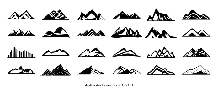 Vector colección de montañas. Iconos negros aislados sobre fondo blanco.