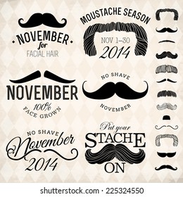 Vector collection of moustache emblems | Mustache themed retro looking insignia set on no shave november 