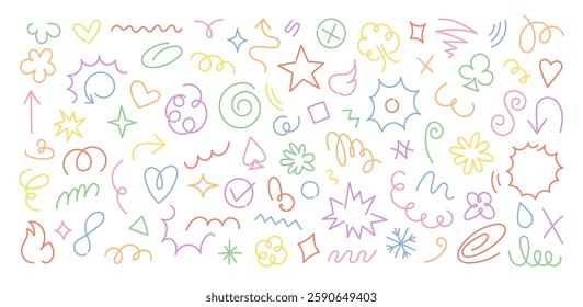 Vector collection of multicolor hand-drawn stickers, scribbles, and doodles in a minimalist linear style. Simple Colorful monoline design elements with copy space, perfect for posters, social media