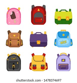 Vector collection of multicolored school backpacks. Cartoon bags with cute prints for school children and kids.