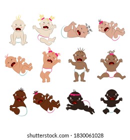 Vector collection of multinational crying naked babies in diapers. Many sad toddlers with different skin and hair colors