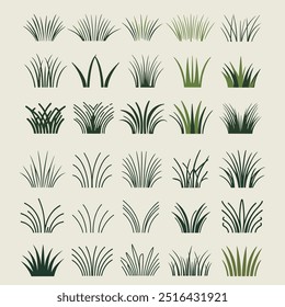 Coleção vetorial de vários tipos de grama, com várias formas e comprimentos. Perfeito para projetos de natureza, paisagismo ou jardim, oferecendo diversas ilustrações de grama para diferentes projetos