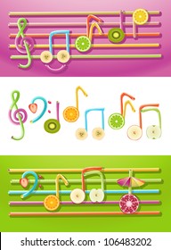 Vector collection of musical symbols made up of fruit slices and drinking straws