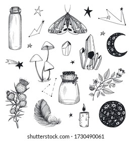 Vector Sammlung mystischer magischer Boho-Elemente isoliert auf Weiß. Hexenmeister astrologisches Set. Handgezeichnete esoterische Objekte