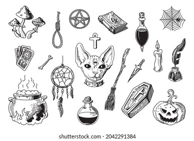 Vektorgrafik von mystischen magischen Boho-Elementen einzeln auf Weiß. Hexerei astrologischen Satz. Handgezeichnete esoterische Objekte