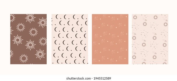 Vector collection of mystical patterns, hands and moon, sun and stars, in boho style