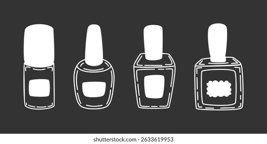 Vector collection of nail polish bottles in white color on dark background. Simple hand-drawn design for beauty and fashion themes.