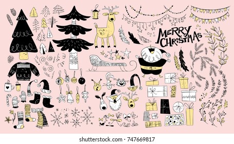 Vector collection of native christmas design elements isolated on light background. Folk inspired hand drawn decoration objects set - fir tree, garland, santa claus, deer, gift box, decoration balls.