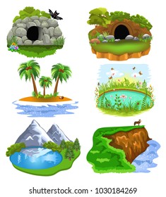 Vector Collection Of Nature Clip Arts Illustrating Animal Cave, Den, Island, Pond, Lake And Cliff