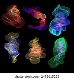 Vector collection of neon abstract shapes with wavy dynamic lines isolated on black background technology concept.