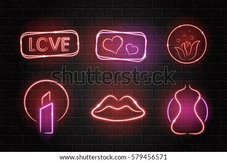 Vector collection of neon erotic signs for decoration on the wall background.
