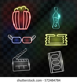 Vector collection of neon signs of cinema theme for decoration on the transparent background. Concept of director profession.