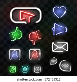 Vector collection of neon signs of social media theme for decoration on the transparent background