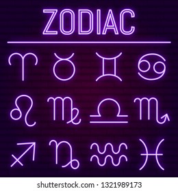 Vector collection of neon zodiac sign. Glowing horoscope symbols on brick wall. Purple light effect.