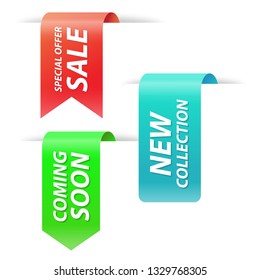 Vector collection of new collection, special offer, coming soon and sale tags for webpage and advertising