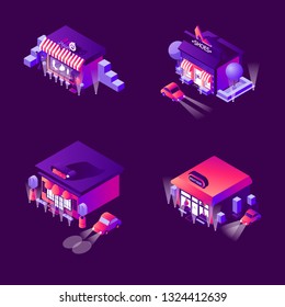 Vector collection with night boutiques and fashion stores in isometric style. Vector bright collection good for small business and promotion advertising banners and print