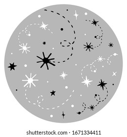 Vector collection of night sky elements. For the design of surfaces, prints, wrapping paper, cards, posters, banners, printing. Theme space, Cosmonautics Day, astronomy, stars