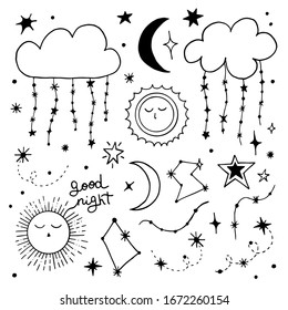 Vector collection of night sky elements. For the design of surfaces, prints, wrapping paper, cards, posters, banners, printing. Theme space, Cosmonautics Day, astronomy, stars. Celestial set