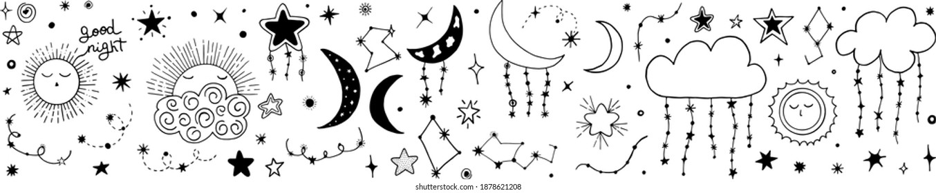 Vector collection of night sky elements. For design of surfaces, prints, wrapping paper, cards, posters, banner, printing. Theme space, Cosmonautics Day, astronomy, stars, magic, mystic. Celestial set