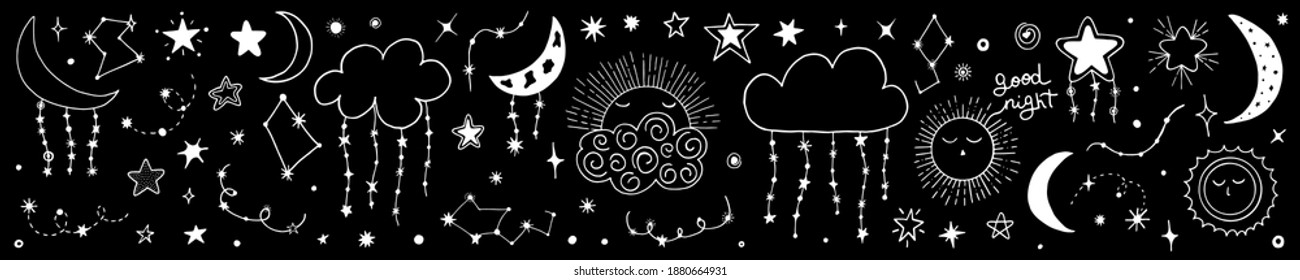 Vector collection of night sky elements. For design of surface, prints, wrapping paper, cards, posters, banners, printing. Theme space, Cosmonautics Day, astronomy, stars, magic, mystic. Celestial set