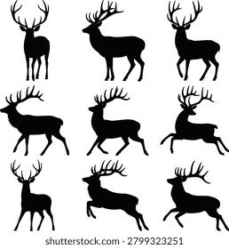 Vector collection of nine deer silhouettes featuring stags with antlers in standing jumping and running poses isolated on white background.