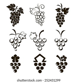 Vector collection of nine icons of black grapes on a white background