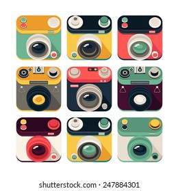 Vector collection of nine isolated photo camera in square icon in vintage colors