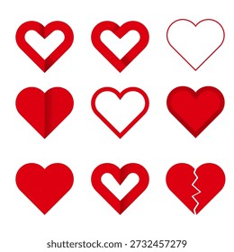 colección de Vector de nueve símbolos de corazón rojo en varios estilos: doblez de cinta de papel, sólido plano, contorno delgado y forma de corazón roto. Iconos minimalistas para App de la salud, invitaciones románticas o servicios sociales aislados sobre fondo blanco