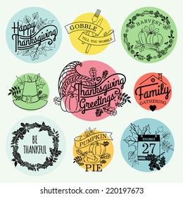 Vector collection of nine thanksgiving decoration elements | Happy thanksgiving lettering items | Thanksgiving printable items with calendar, horn of plenty and autumn leaves