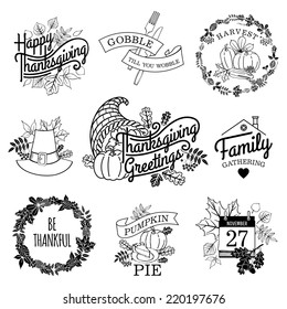 Vector collection of nine thanksgiving decoration elements | Happy thanksgiving lettering items | Thanksgiving scrapbooking elements with calendar, horn of plenty and autumn leaves