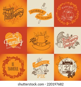 Vector collection of nine thanksgiving decoration elements | Happy thanksgiving lettering items | Thanksgiving printable items with calendar, horn of plenty and autumn leaves