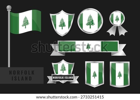 Vector collection of Norfolk Island flags and emblems. Waving flag, shields, badges, ribbons, banners with green-white-green vertical stripes and central green Norfolk pine tree on dark background.