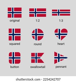 Vector collection of Norwegian flags in different shapes and ratio. Norway flag high quality set