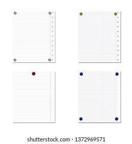 Vector Collection of Notebook Paper Sheets Isolated on White Background, Checkered and Ruled Pages Attached by Colorful Pin Buttons.