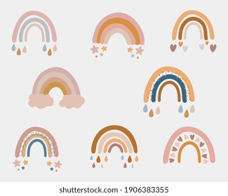 Vector collection for nursery decoration with cute rainbows pastel color. Perfect for baby shower, birthday, children's party, summer holiday, clothing prints