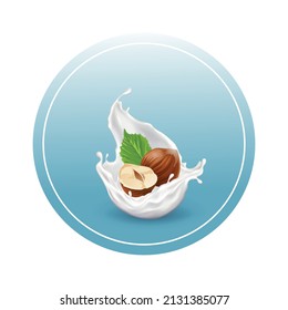 Vektorgrafik von Nussvegan Milch Alternativen Etiketten. Haselnussmilchaufkleber mit Mandeln auf blauem Hintergrund.