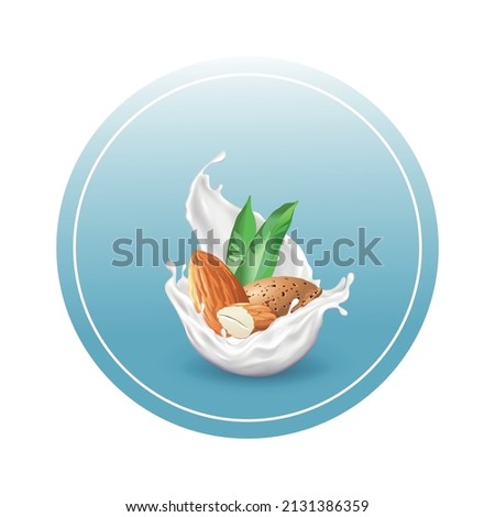 Vector collection of nut vegan milk alternatives labels. Almond milk sticker with almond on blue background.