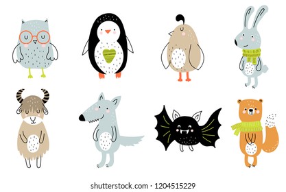 Vector collection ofcute animals for kids in scandinavian style. Hand drawn graphic zoo. Perfect for baby shower, postcard, label, brochure, flyer, page, banner design.