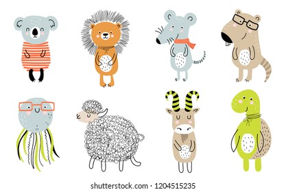 Vector collection ofcute animals for kids in scandinavian style. Hand drawn graphic zoo. Perfect for baby shower, postcard, label, brochure, flyer, page, banner design.