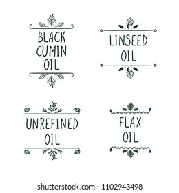 Vector Collection of Oil Tags, Cold Pressed Unrefined Different Oil.