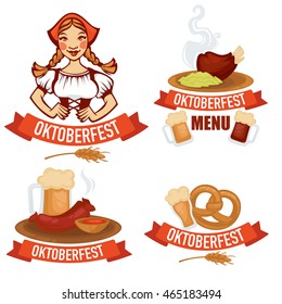 vector collection of oktoberfest emblems logo and stickers in cartoon style food and beer