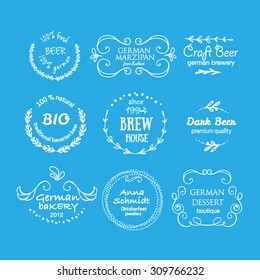 Vector collection of Oktoberfest hand drawn logo templates. German brew house, beer, dessert, jewelry, bakery logotypes. Vintage badges and icons. Sketched modern icons. Beer festival labels.