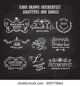 Vector collection of Oktoberfest hand drawn logo templates. German brew house, beer, dessert, jewelry, bakery logotypes. Vintage badges and icons. Sketched modern icons. German traditional labels