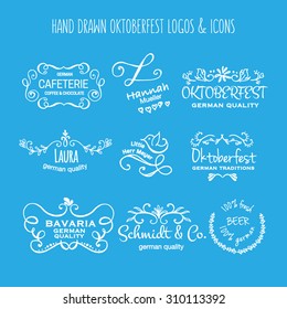 Vector collection of Oktoberfest hand drawn logo templates. German brew house, beer, dessert, jewelry, bakery logotypes. Vintage badges and icons. Hand sketched modern icons. Oktoberfest labels.