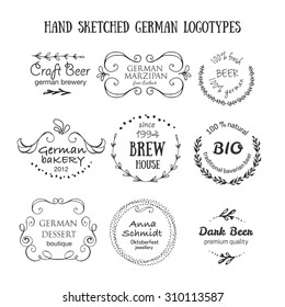 Vector collection of Oktoberfest hand drawn logo templates. German brew house, beer, dessert, jewelry, bakery logotypes. Vintage badges and icons. Hand sketched modern icons. Beer festival labels.