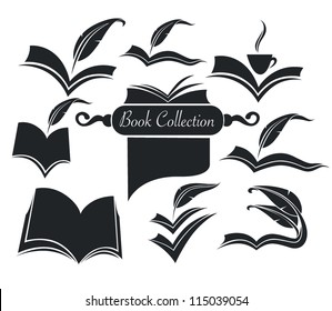 vector collection of old books, parchment, poetry, literature and history symbols