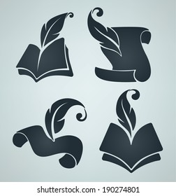 vector collection of old books, parchment, reading and writing symbols