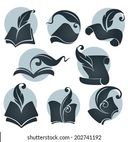 vector collection of old books, parchment, reading and writing symbols