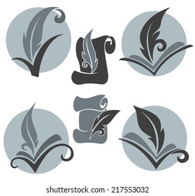 vector collection of old books, parchment, reading and writing symbols and emblems