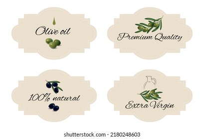 Colección vectorial de etiquetas de aceite de oliva. Conjunto de modelos de diseño para el envasado de aceite de oliva. Etiquetas con aceite de oliva de texto, 100% natural, extra virgen, calidad premium. Plantilla dibujada a mano imprimible